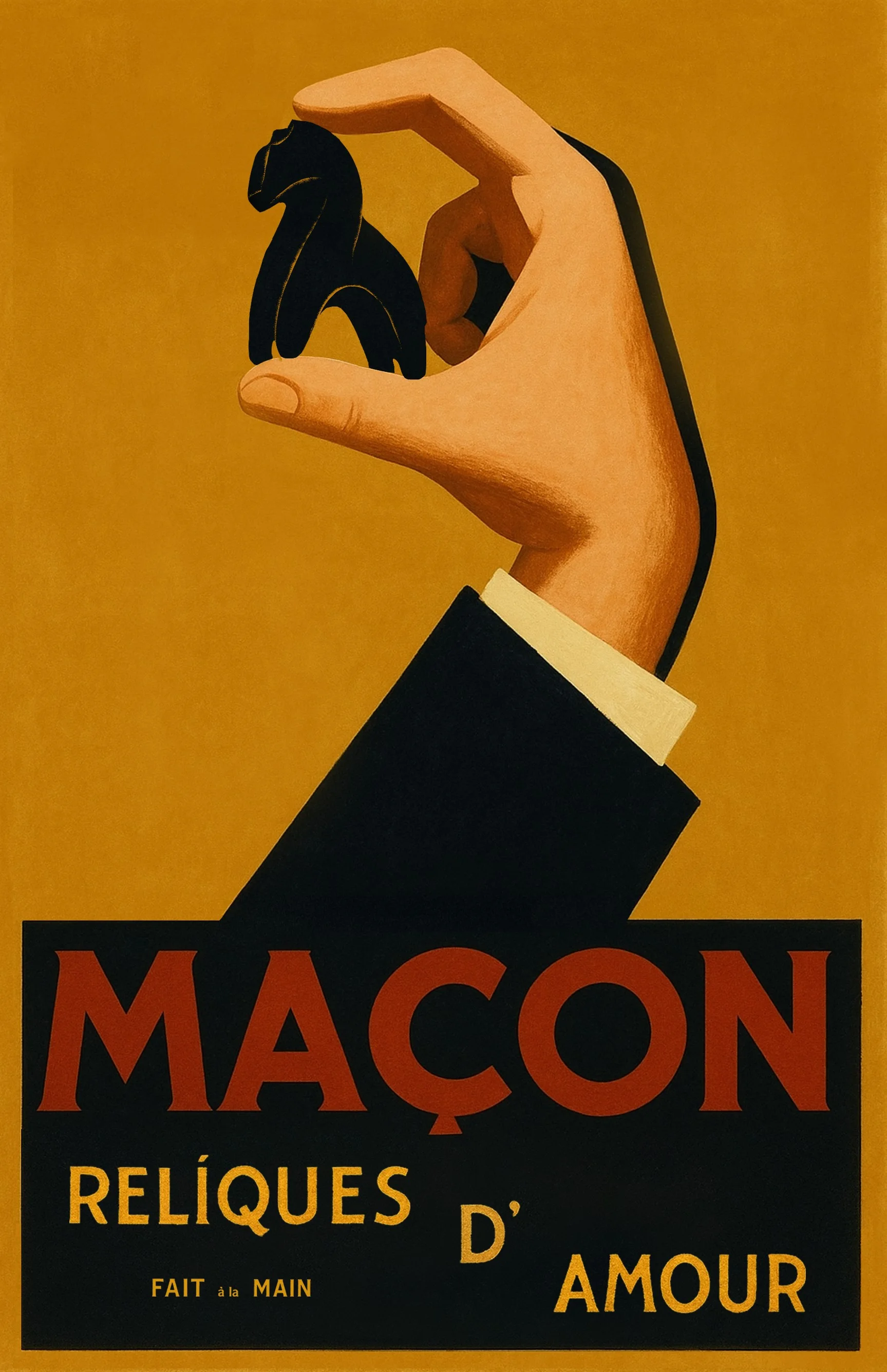 Maçon poster: a hand holding a small bronze horse